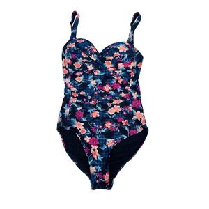 Nip Tuck Swim Women's Floral One Piece Swimsuit Navy Ruched Multi Fit Cup Size 4